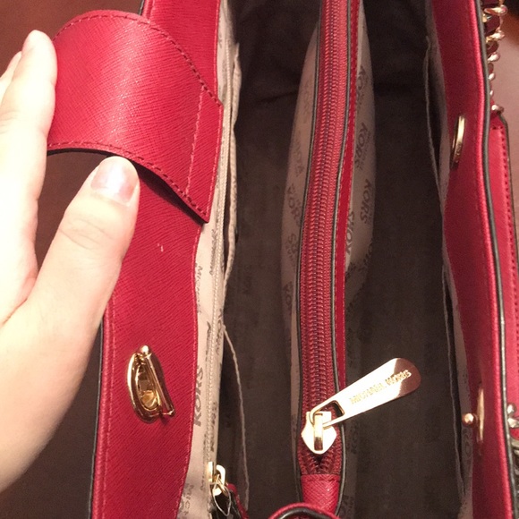 Michael Kors Red Handbag Purse Gold Chain - Picture 5 of 5